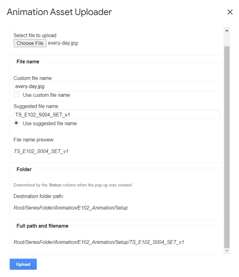 Screen capture showing the uploader being used to upload an animation setup asset
