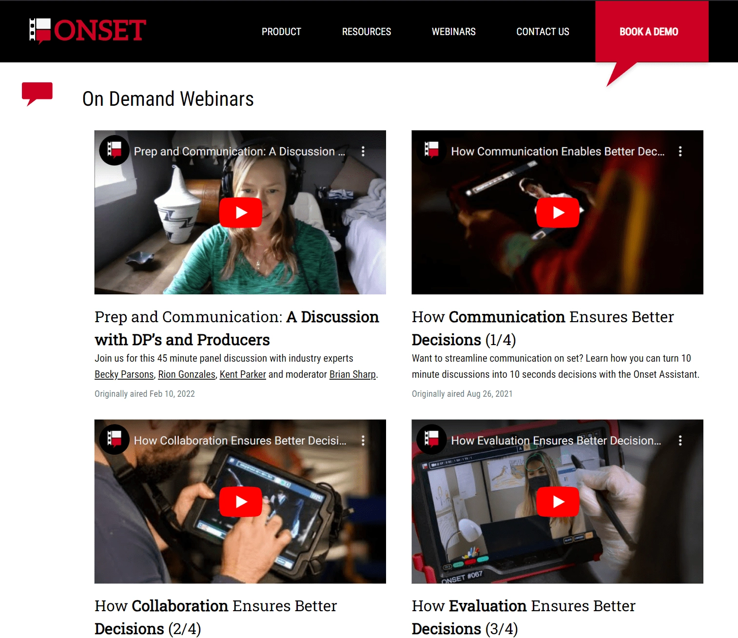 Webinars page of onsset.film